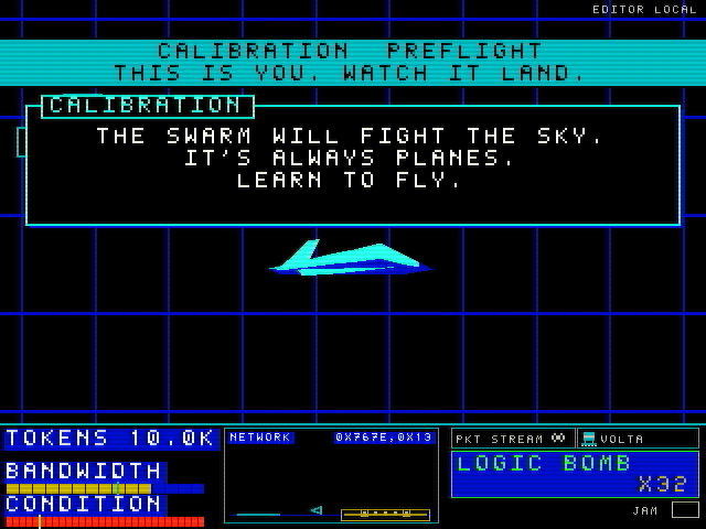 Calibration preflight: THIS IS YOU. WATCH IT LAND. A card reads: THE SWARM WILL FIGHT THE SKY. IT'S ALWAYS PLANES. LEARN TO FLY.