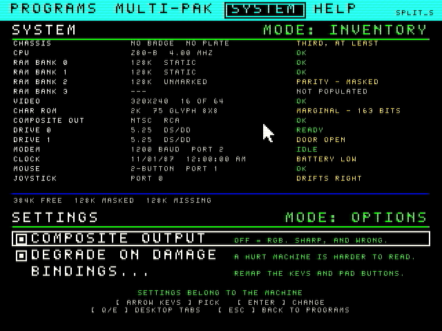 SYSTEM inventory of the 8-bit machine: Z80-B at 4 MHz, char ROM marginal, clock battery low, joystick drifts right